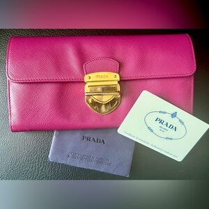 Prada Pink Red Raspberry Saffiano Leather Push Lock Long Wallet COA